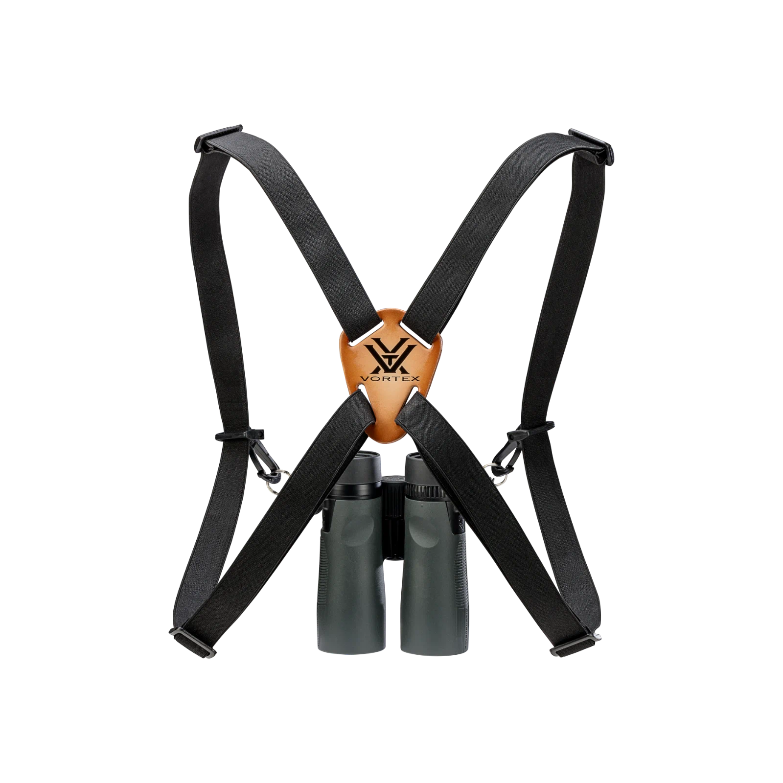 Black binocular strap harness with an orange central buckle plate and mounted binoculars, shown on a plain white background.