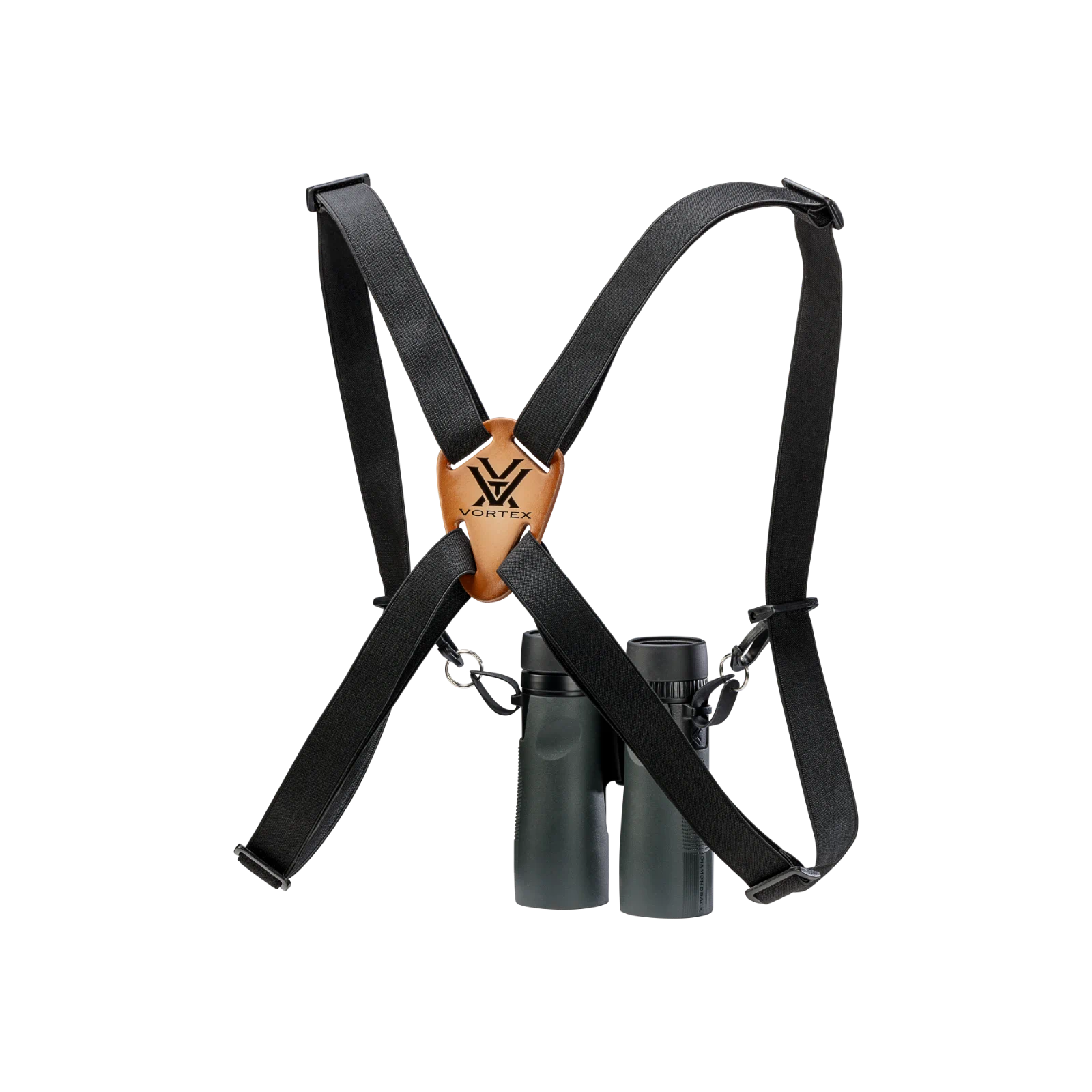 Black adjustable sling strap system with a tan leather center patch and two black binoculars hanging from clips, shown on a plain white background.