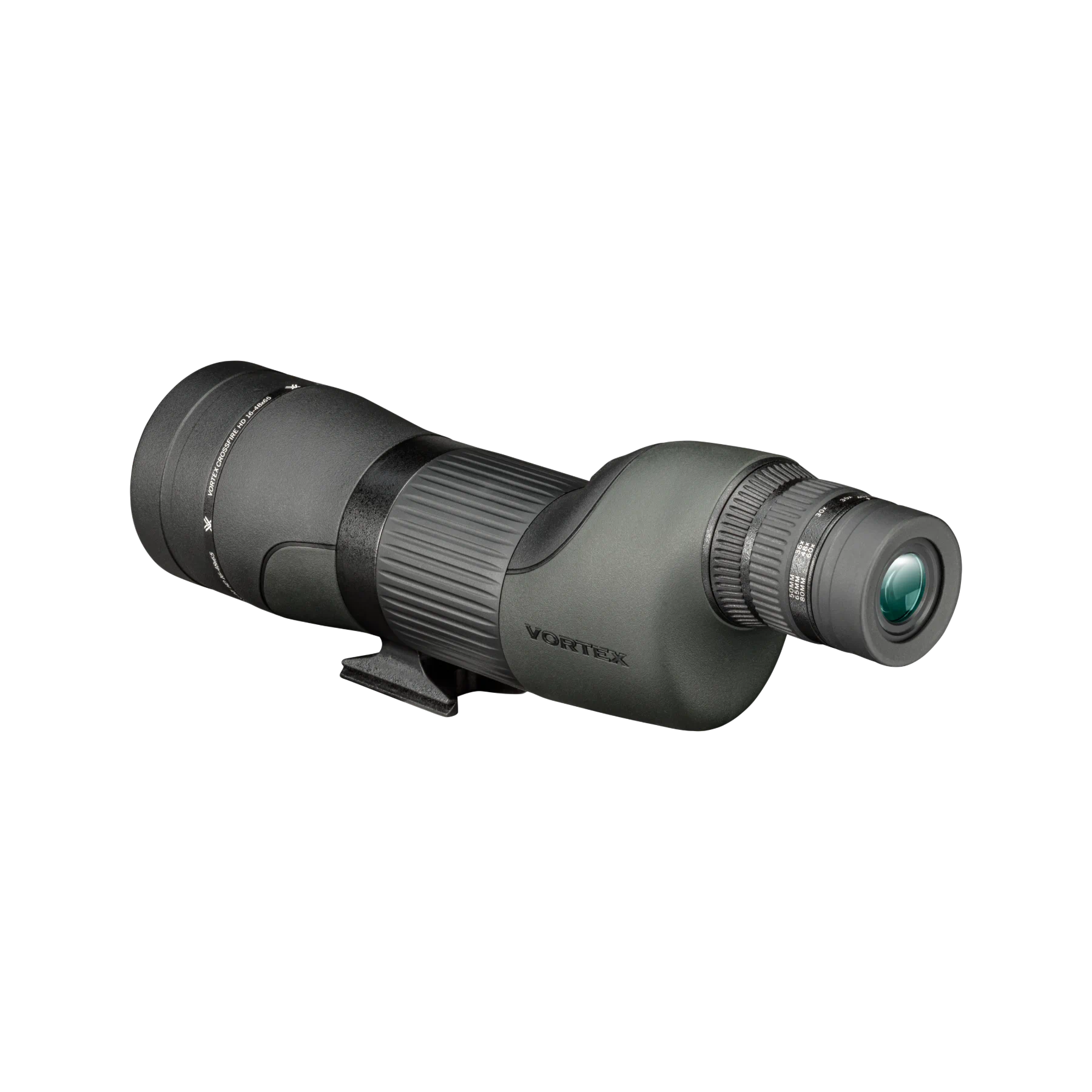 A Vortex spotting scope in matte green, shown at a three-quarter angle on a solid white background.