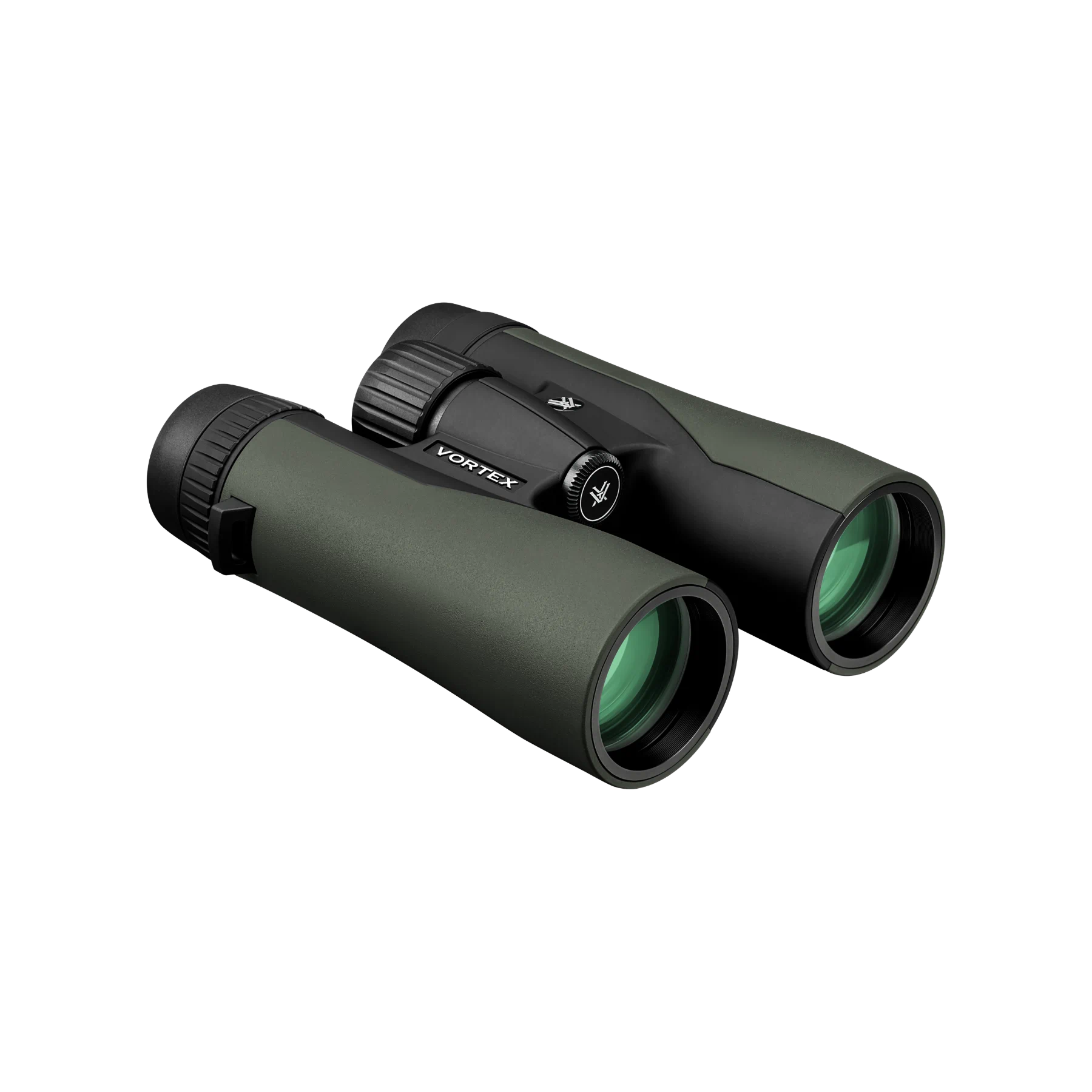 Vortex binoculars in matte dark green and black, shown at an angle on a solid white background.