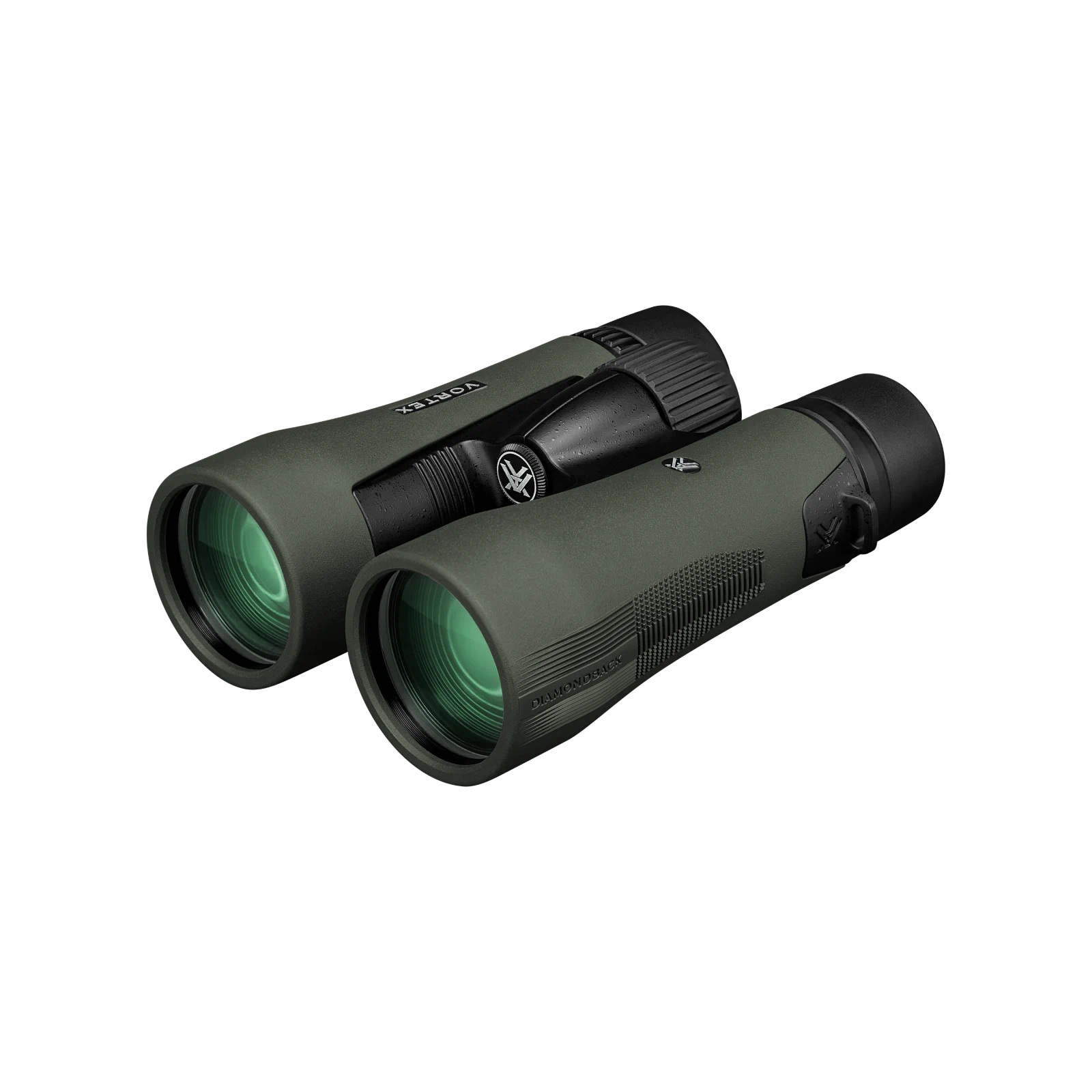 A pair of Vortex binoculars in matte dark green with black accents, shown at an angle on a solid white background.