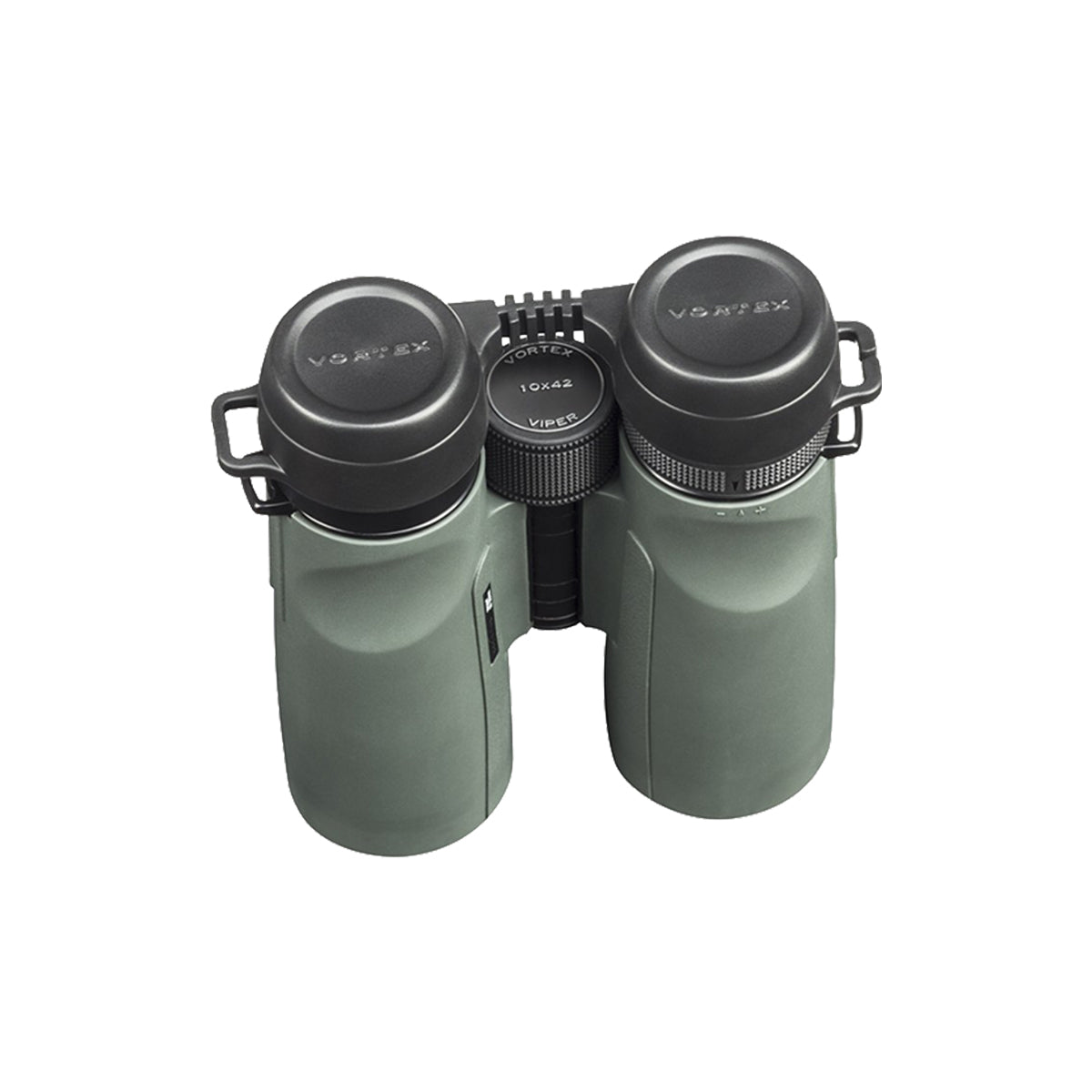 A pair of Vortex binoculars with rain guard for back elements attached, shown on a plain white background.