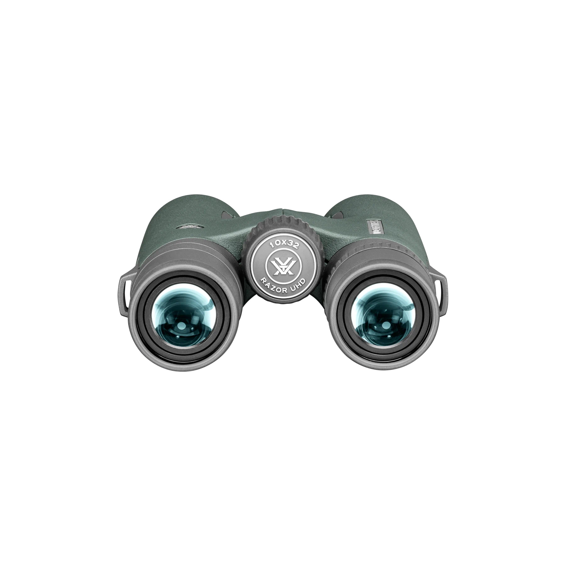 A pair of Vortex binoculars in a matte dark green finish with black accents and silver metal rings, shown against a plain white background.