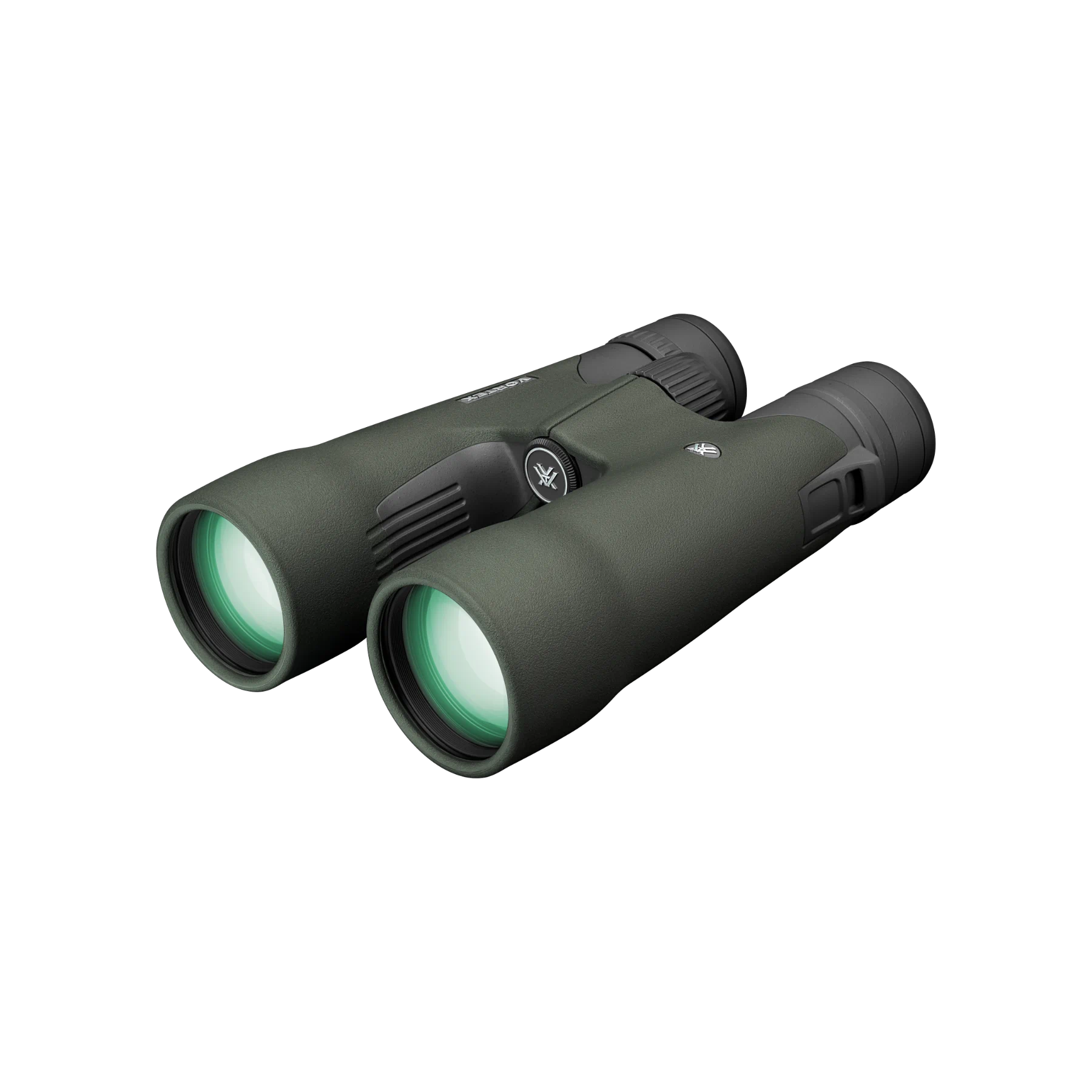 A pair of Vortex binoculars in matte dark green, shown at a three-quarter angle on a solid white background.