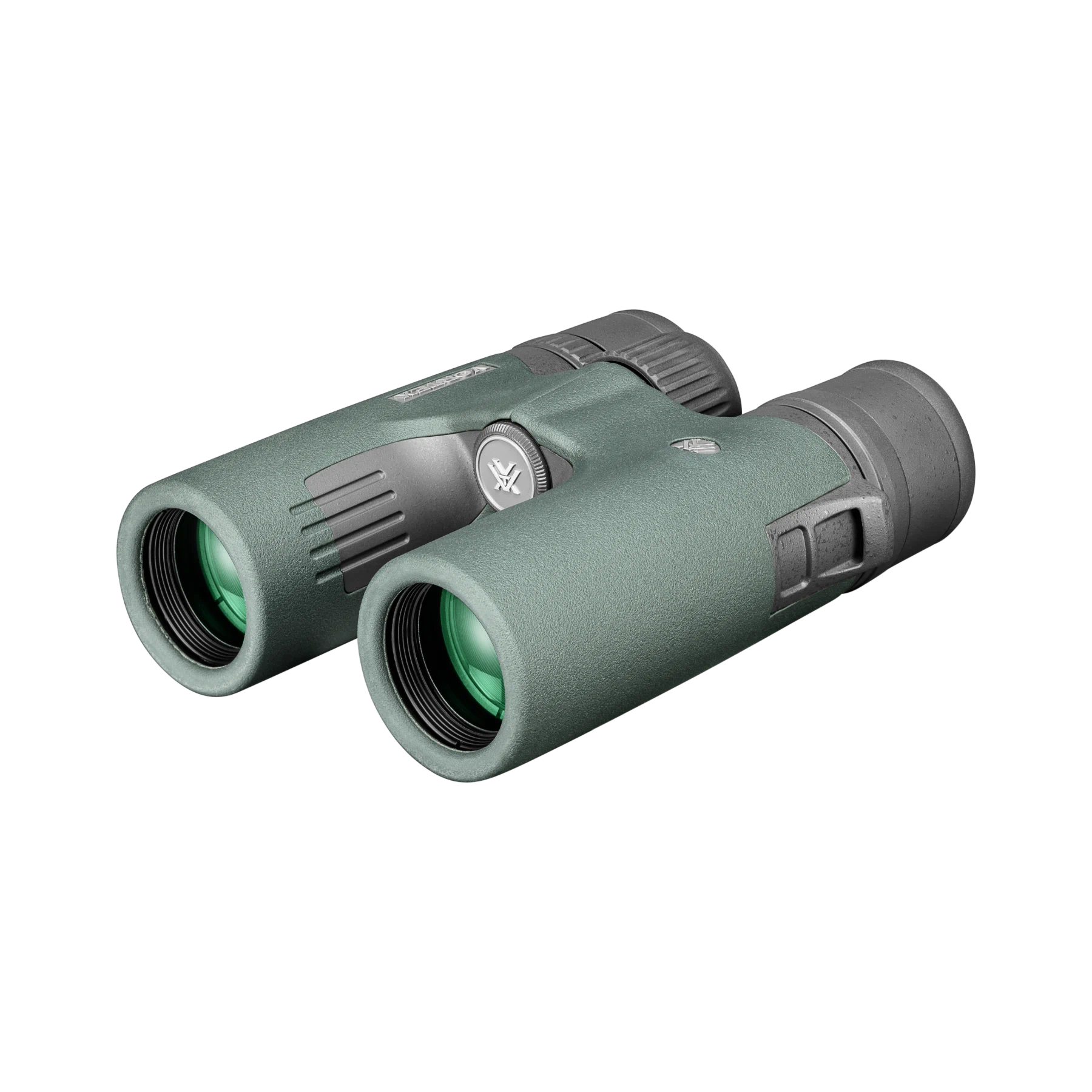 A pair of Vortex binoculars in a matte sage green color with dark gray accents, shown on a plain white background.