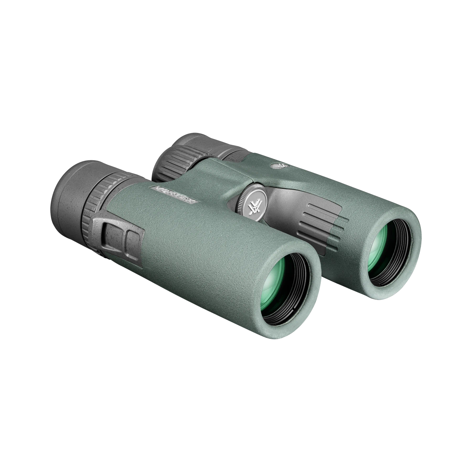 A pair of Vortex binoculars in matte sage green with dark gray accents, shown on a clean white background.