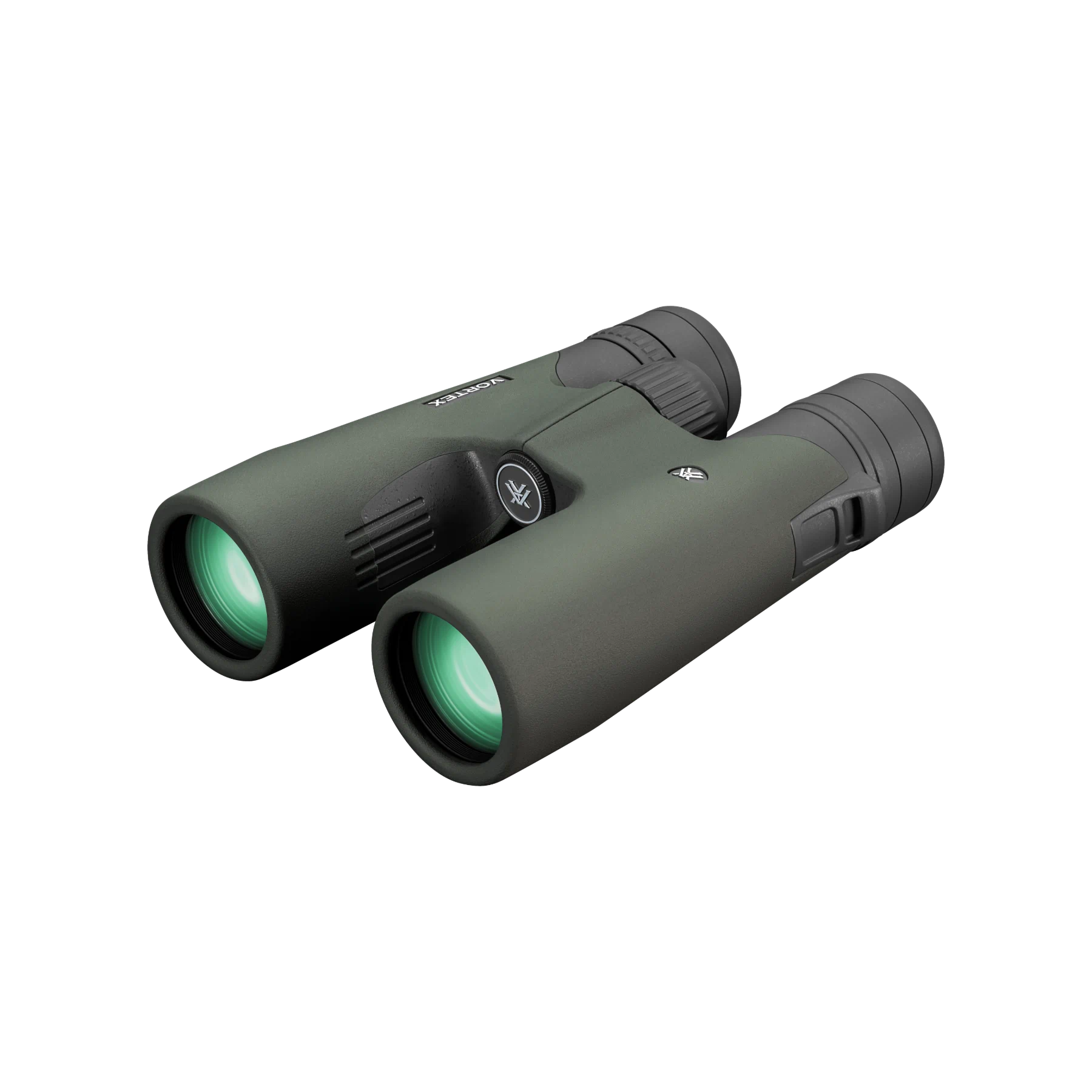 A pair of binoculars in a matte dark olive green color with black accents on the central focus wheel and eyecups, shown against a plain white background.