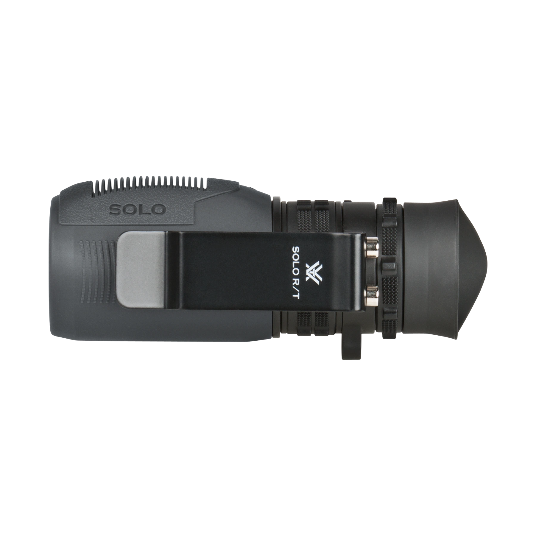 A grey Vortex monocular with a textured grip, a silver accent plate, and a black objective lens, shown from a side profile on a white background.