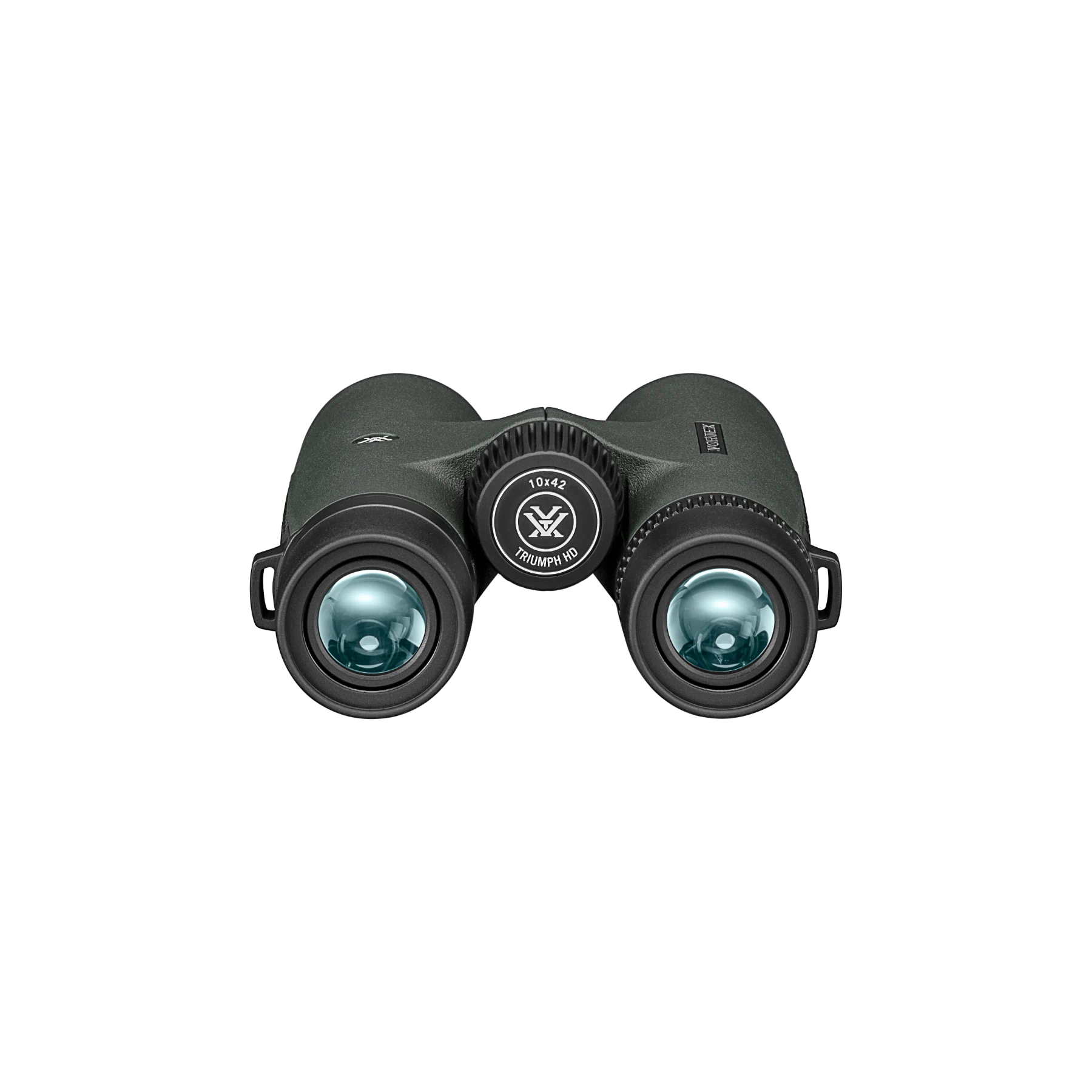 A pair of Vortex binoculars in matte green, shown from a front-facing perspective against a solid white background.