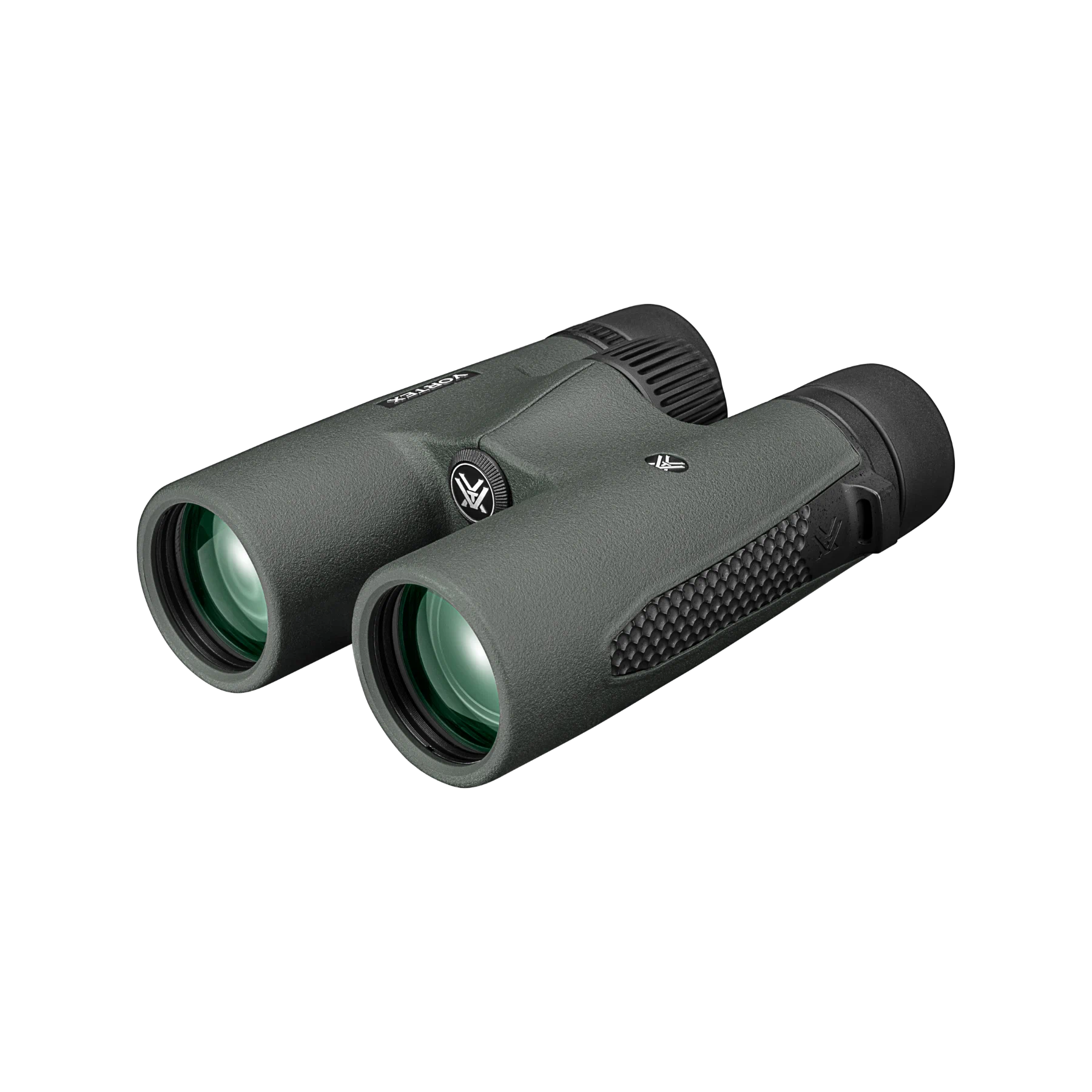 A pair of Vortex binoculars in matte dark green with textured grip panels, shown on a plain white background.