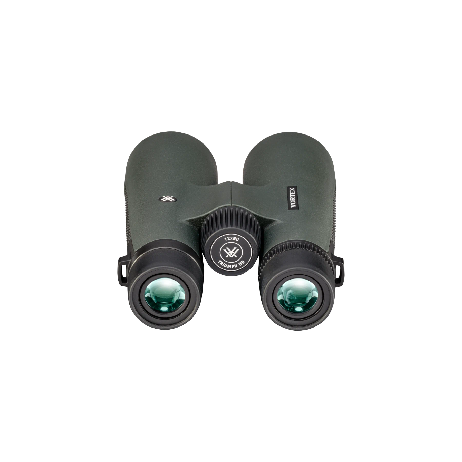 A pair of Vortex binoculars in matte dark green with a central logo badge, shown against a plain white background.