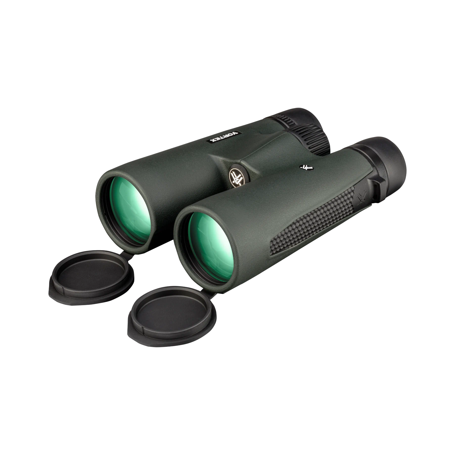 A pair of Vortex binoculars with two detachable black lens caps, shown on a plain white background.