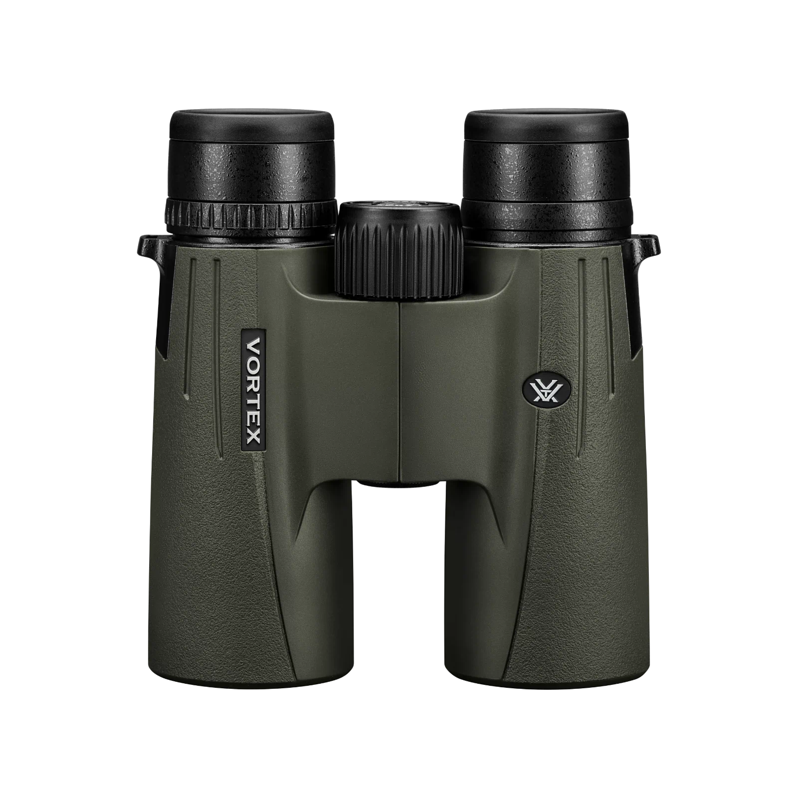 Vortex Vortex binoculars in matte dark green with black eyecups and central focus wheel, shown against a plain white background.