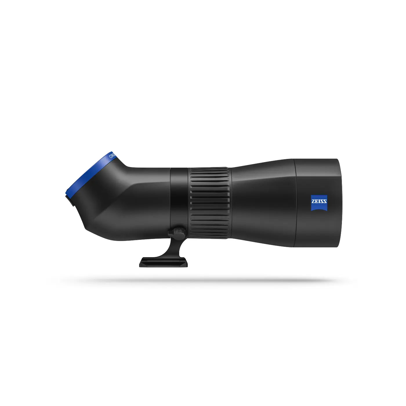 Black Zeiss spotting scope on a white background