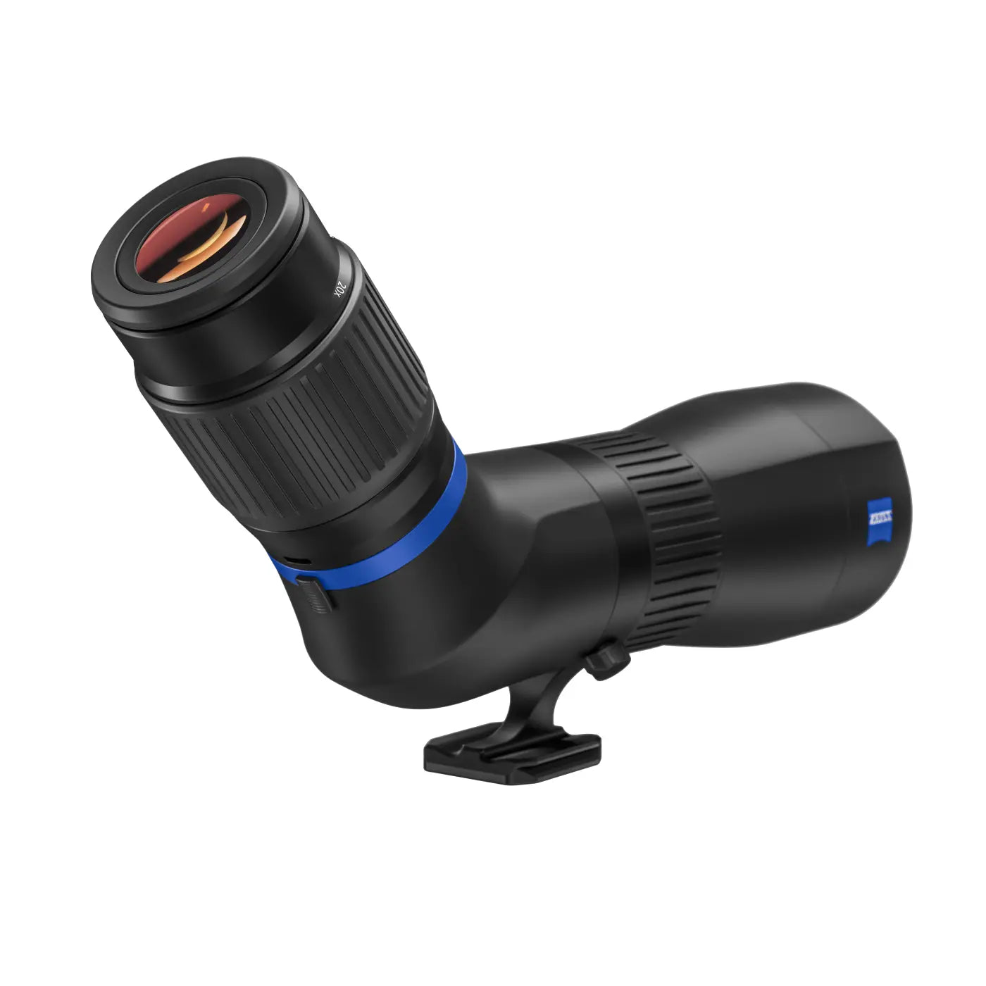 Black eyepiece with blue band on a white background