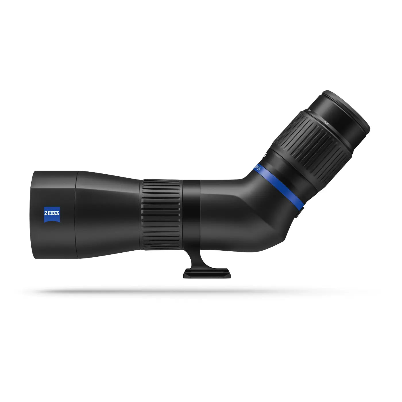 Black Zeiss spotting scope on a white background