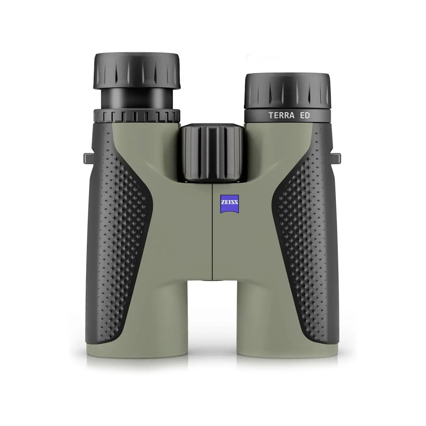 Green and black binoculars with 'Zeiss' branding on a white background
