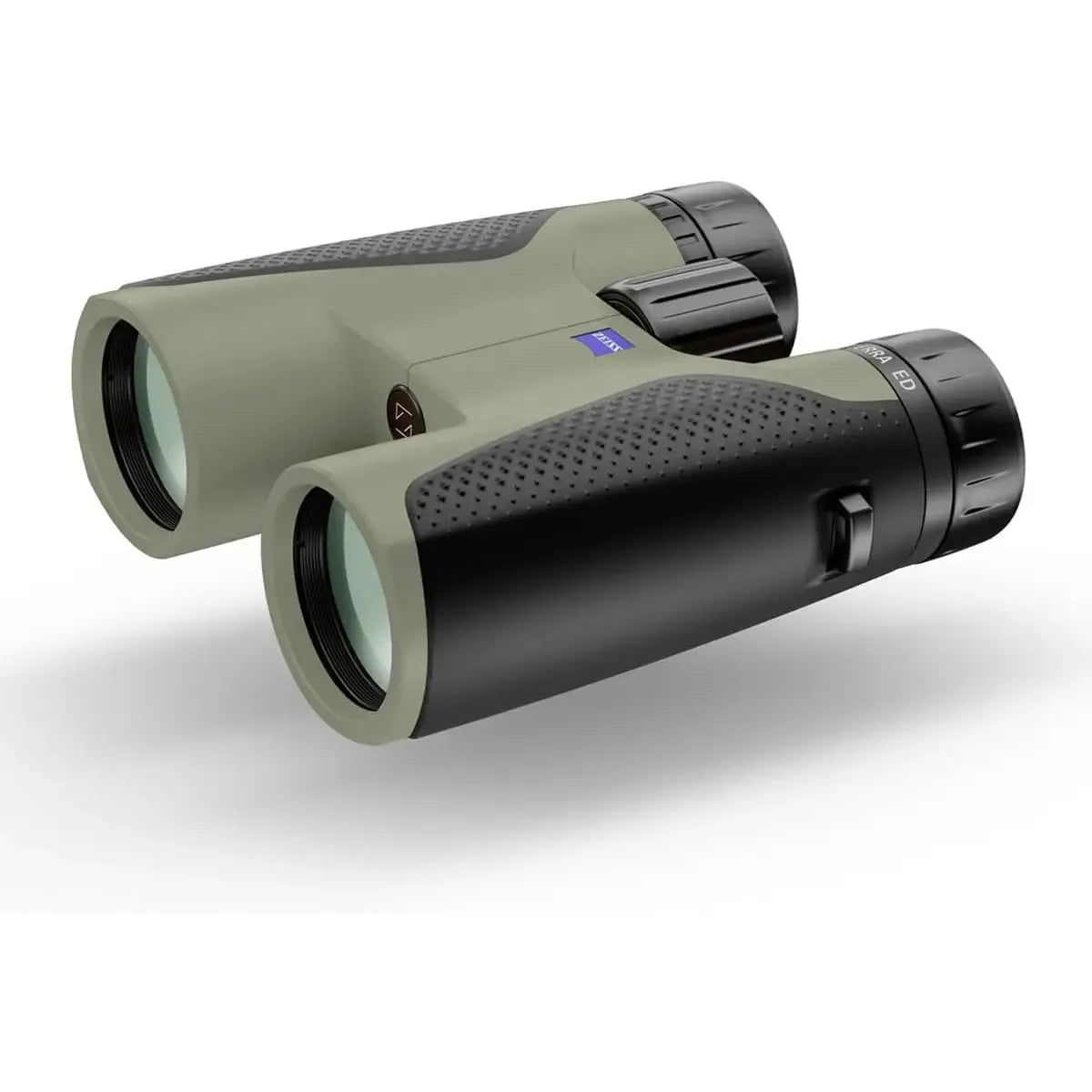Pair of binoculars with green and black design on a white background