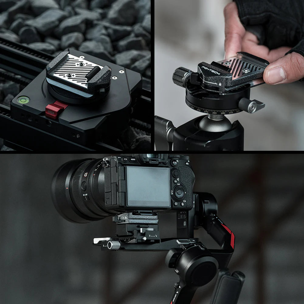 Collage of a camera mount being used on a camera and a tripod.