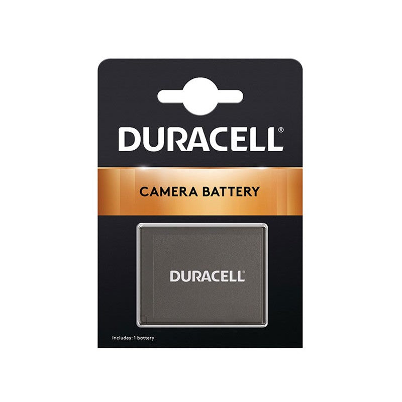 Packaging of Duracell camera battery, predominantly black and silver in color, with the battery visible in the front.