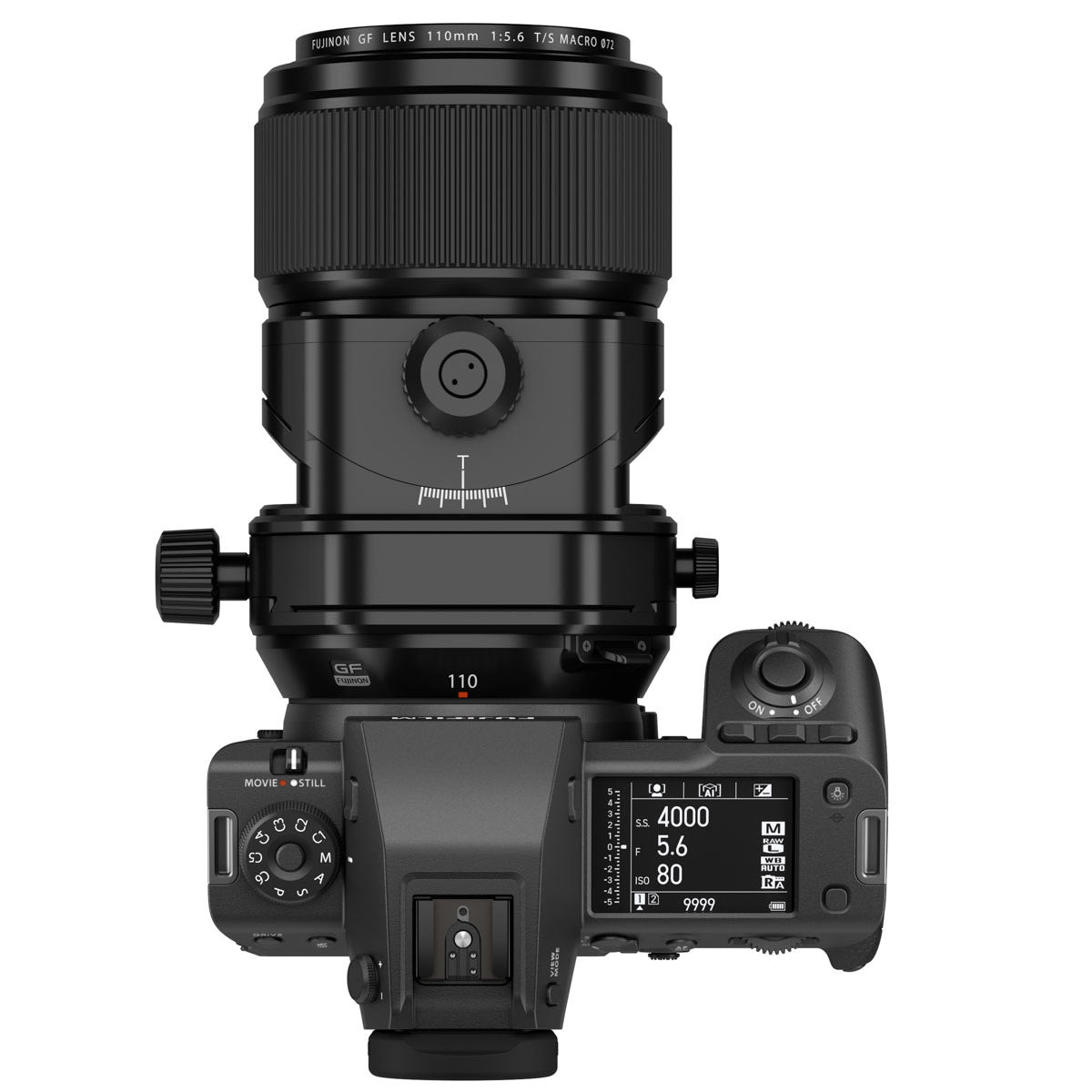 Fujifilm GF 110mm F5.6 T/S Tilt Shift Macro Lens product photo top on camera