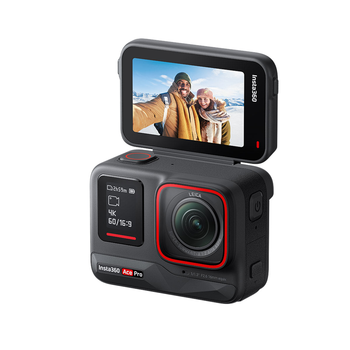 Product shot of the Insta 360 Ace Pro - Front side with articulated screen open
