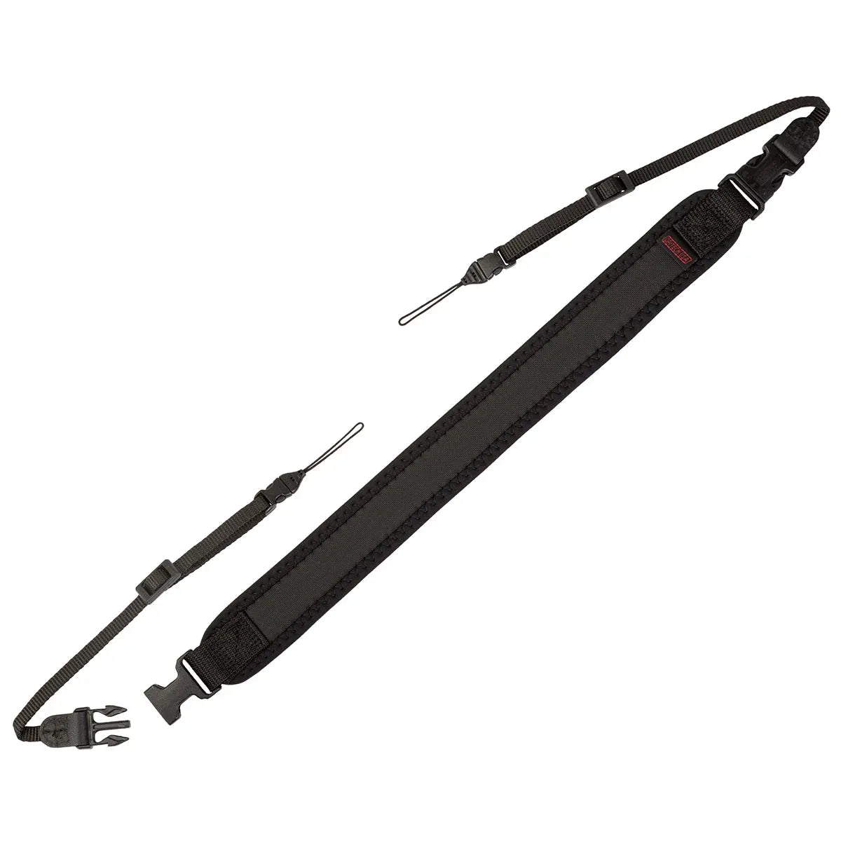 Black camera strap with quick-release clasp on a white background