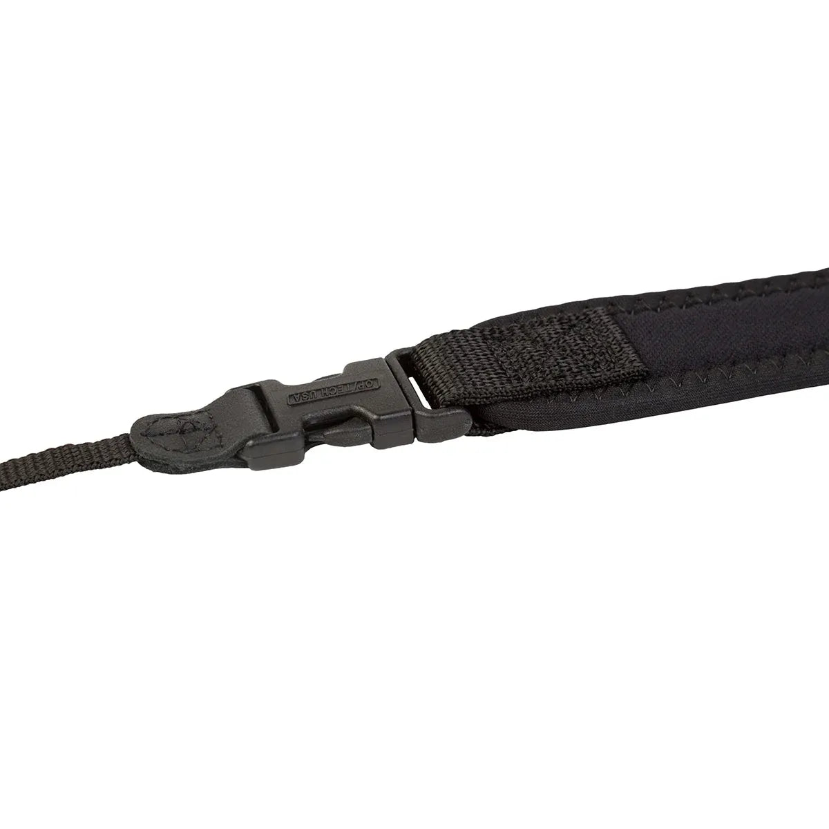 Black camera strap with a buckle on a white background
