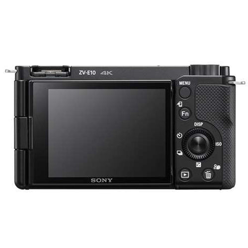 Sony Alpha ZV-E10 APS-C vlog camera with 16-50mm lens - Rear view of the camera with the screen rotated to its default position