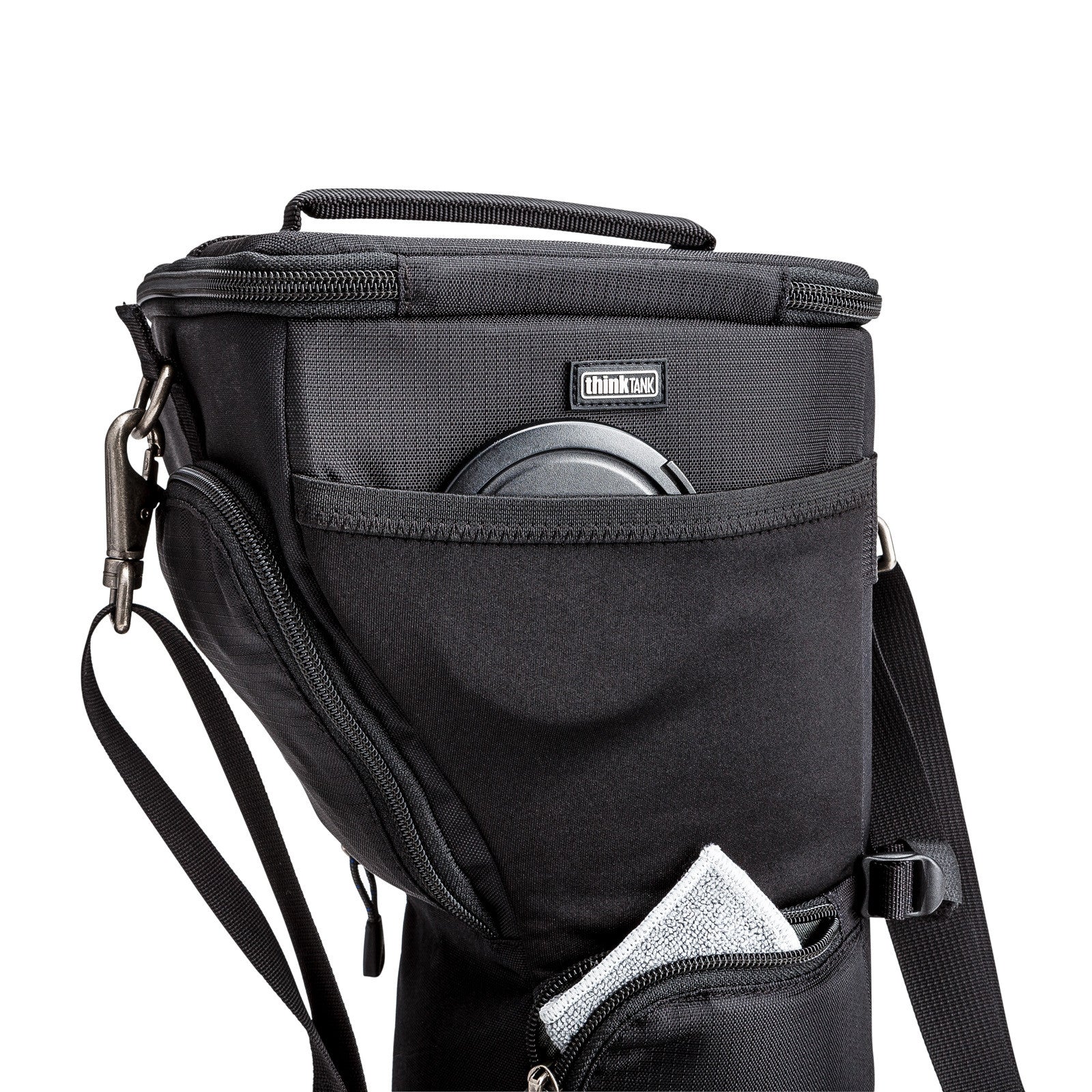 Think Tank Digital Holster 50 V2 side angle of side pocket with lens cap inside