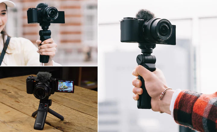 Sony Alpha ZV-E10 APS-C vlog camera with 16-50mm lens - Lifestyle shot of the camera with tripod and hand held control attached