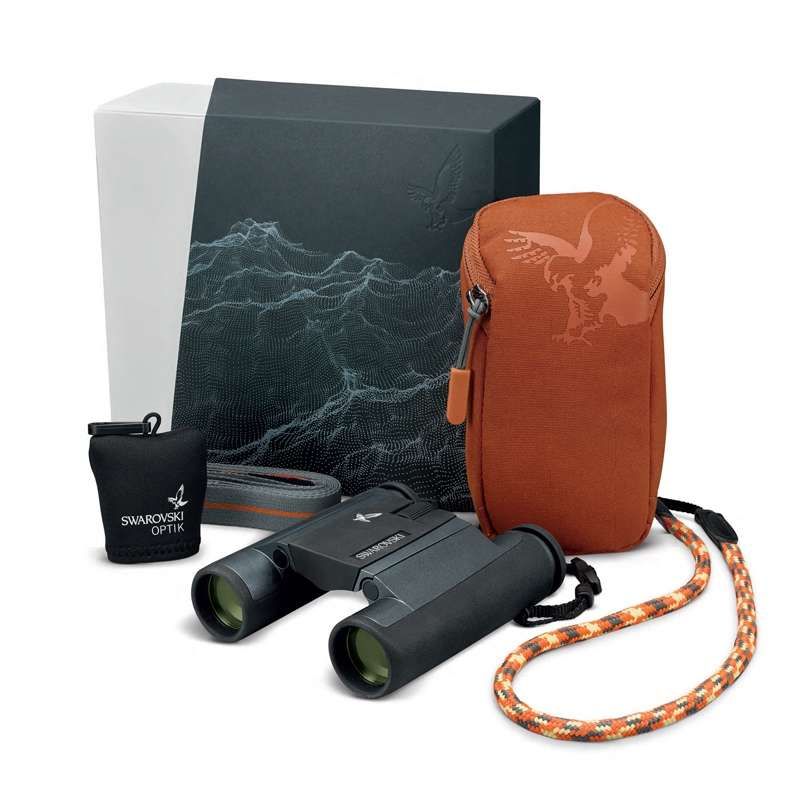 Swarovski CL 10x25 Pocket Binoculars Green with Mountain Accessory Pack - Product Photo 2 - Photo of the complete kit and packaging for these binoculars. Binoculars, Packaging, Carry Case and Leash